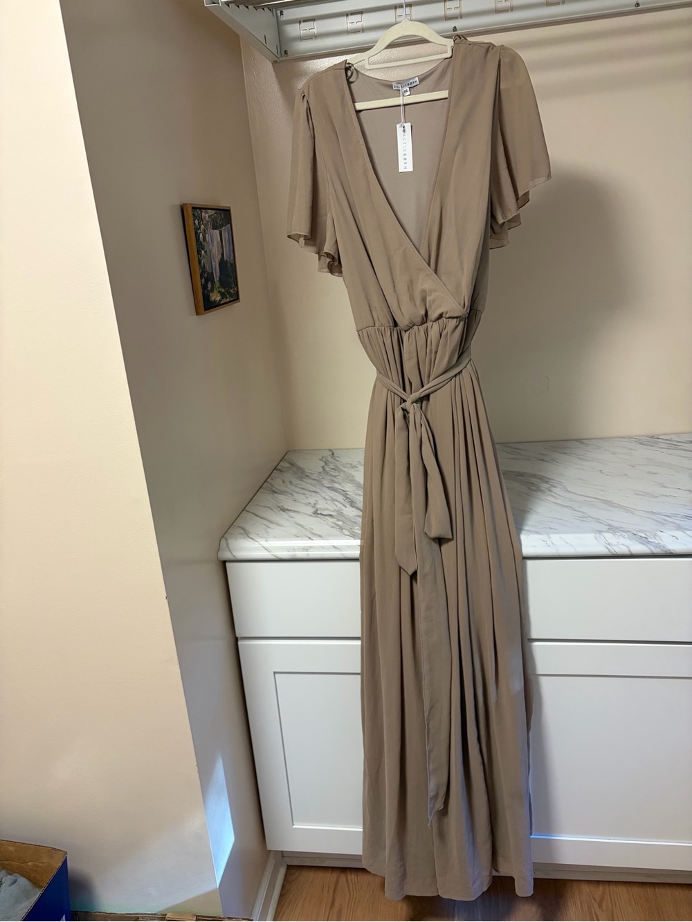 Baltic Born NWT Katya Wrap Maxi Dress Taupe Beige Short Flutter Sleeve XXL